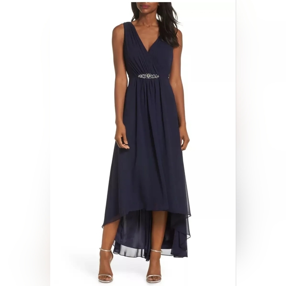 Eliza J Navy Blue Embellished High/Low Chiffon Dress